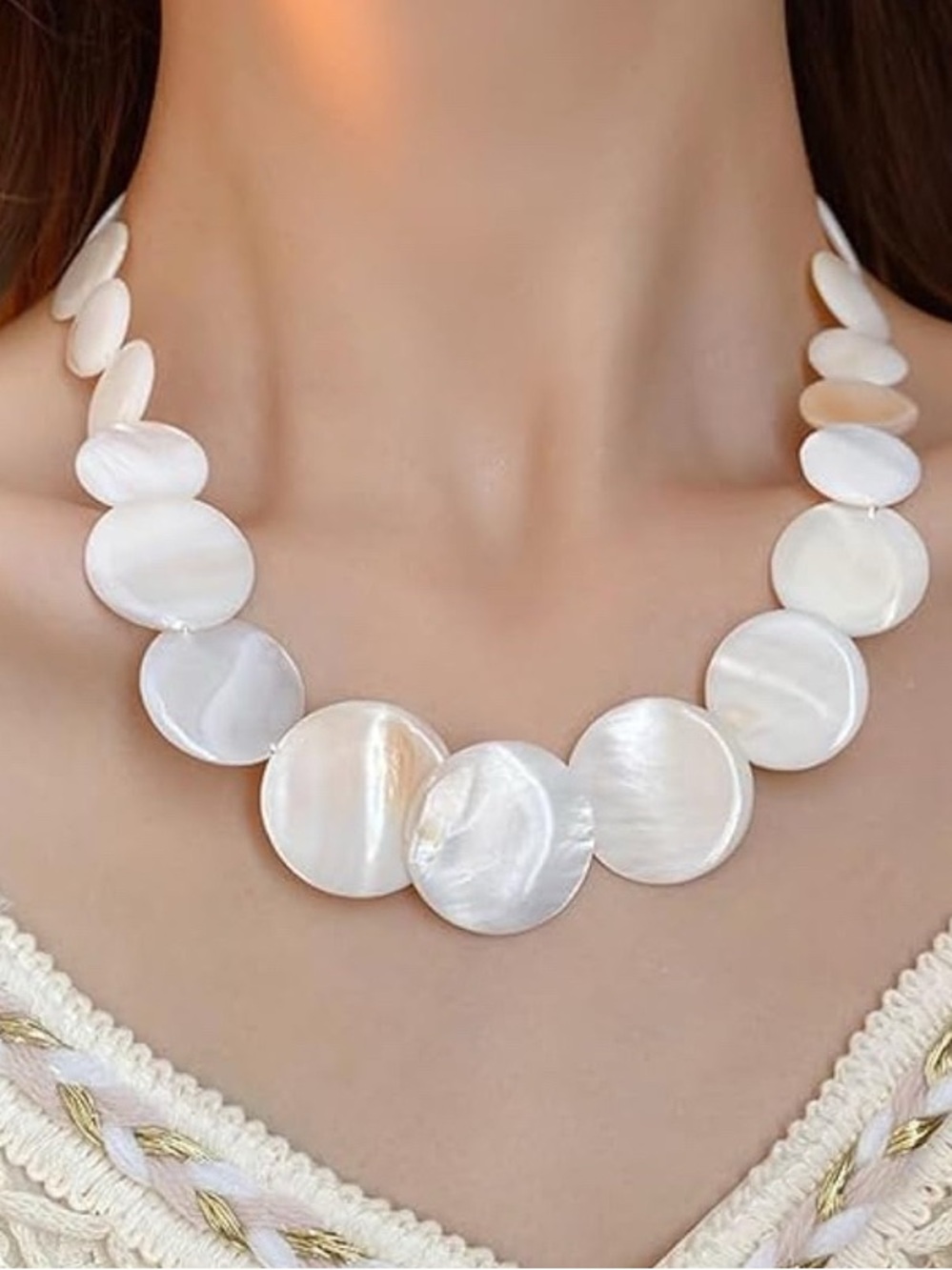 New! White Mother-of-Pearl Disc Necklace